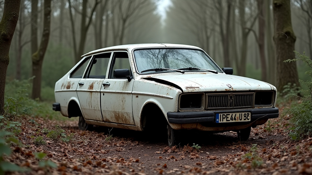 Une carcasse de voiture rouillée abandonnée dans une forêt, illustrant la pollution et le danger des épaves non traitées.