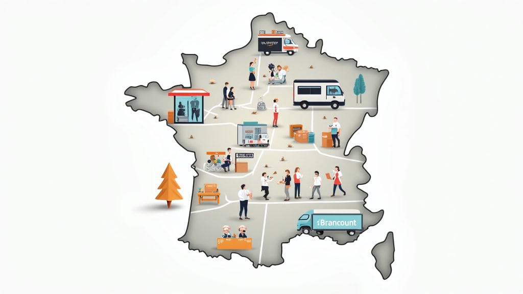 Une carte géographique stylisée mettant en évidence la zone de Brancourt-en-Laonnois et ses environs, pour illustrer la couverture de service locale de l