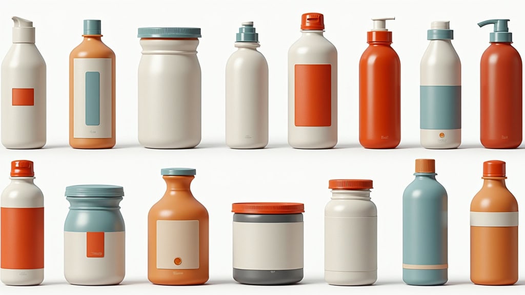 Alt text: Collection de bouteilles et contenants colorés pour produits cosmétiques ou pharmaceutiques.