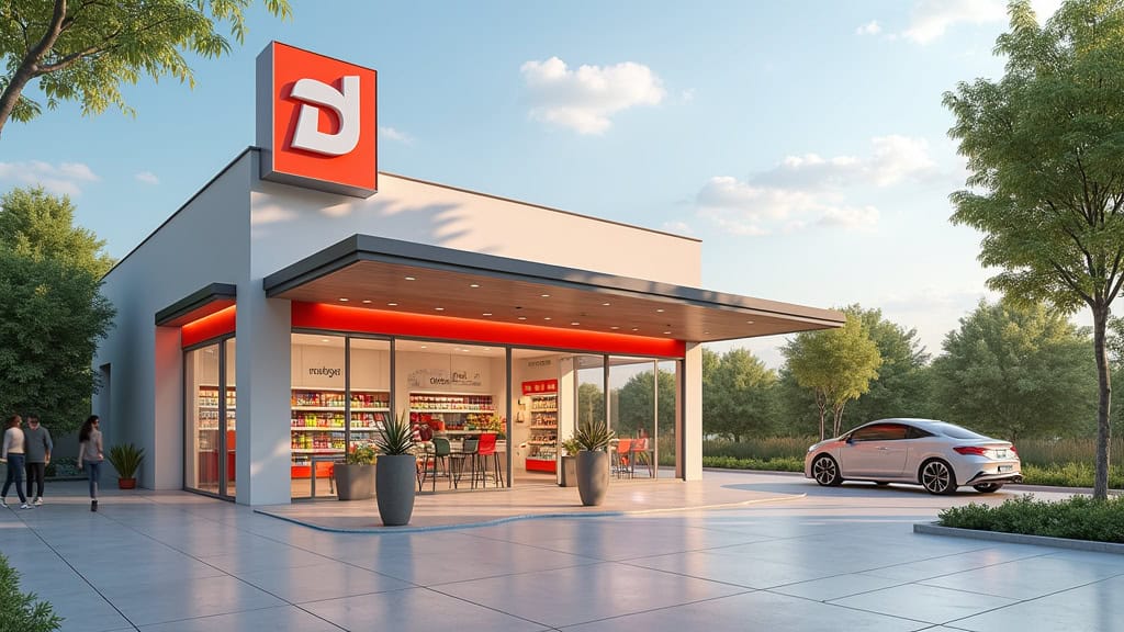 Un supermarché moderne et accueillant avec façade vitrée, parking pratique, idéal pour faire vos courses.