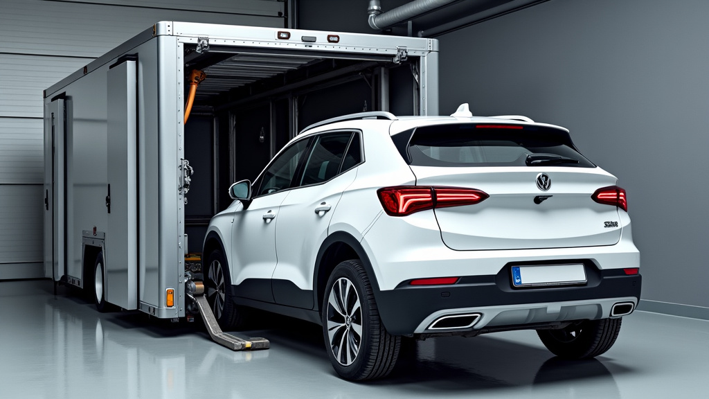 Une dépanneuse moderne avec un bras hydraulique charge une voiture blanche accidentée, symbolisant l