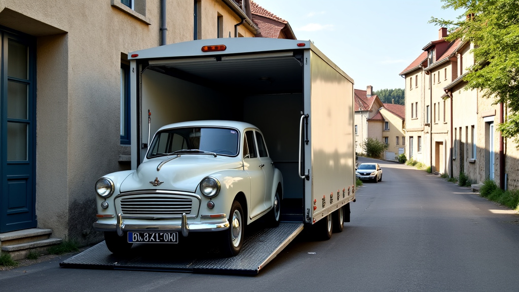 Une dépanneuse moderne chargeant une vieille voiture épave sur sa plateforme dans une rue paisible de Bassoles-Aulers, avec des maisons en arrière-plan et un ciel clair.