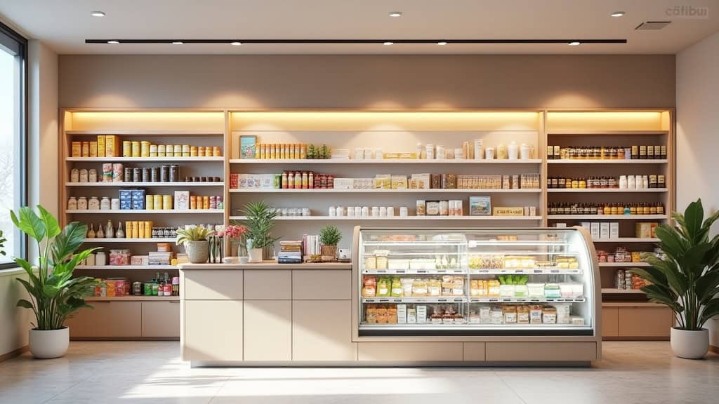 Alt text: Magasin avec produits santé et skincare, étagères bien rangées, ambiance chaleureuse.