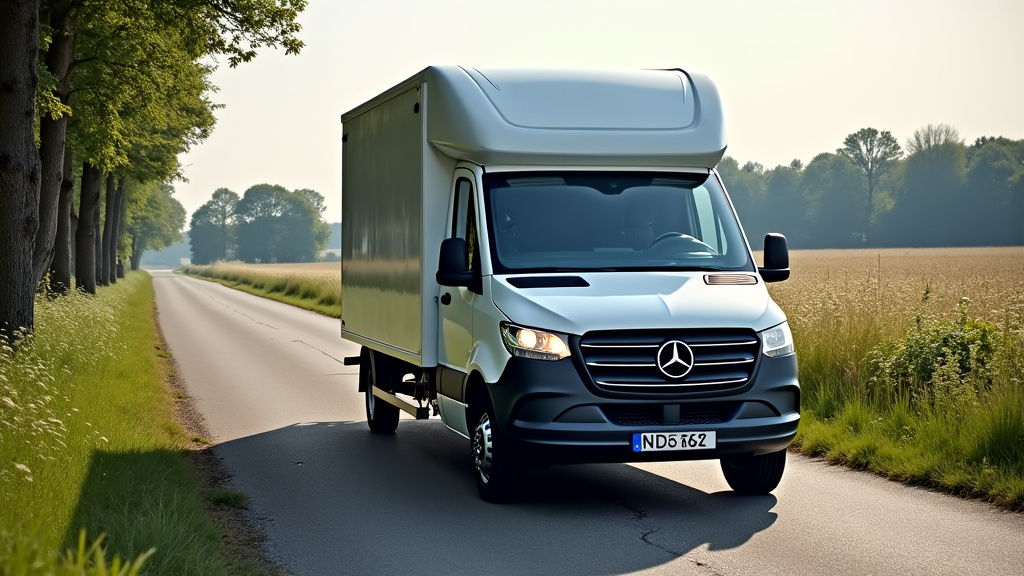 Une dépanneuse moderne sur une petite route de campagne près de Cagnoncles, avec des champs et des arbres en arrière-plan, symbolisant un service local et rapide.