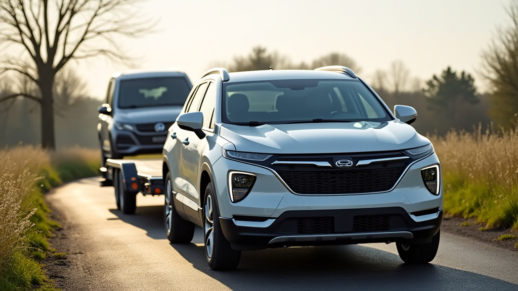 Une dépanneuse professionnelle avec une remorque plate, chargeant une voiture épave rouillée et endommagée depuis une propriété privée, avec un paysage de campagne typique de l