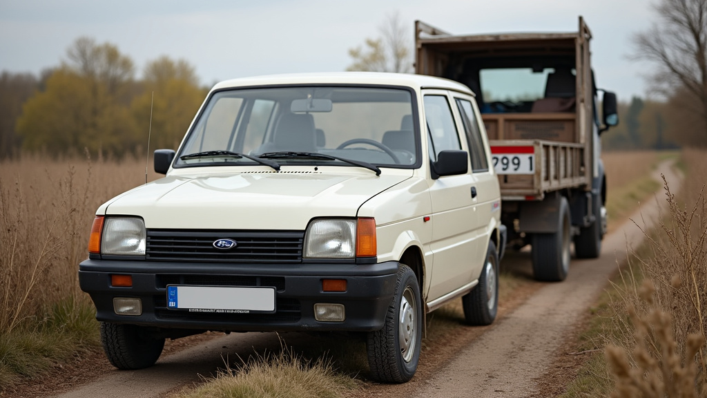 Une dépanneuse professionnelle charge une vieille voiture dans un cadre rural, symbolisant l