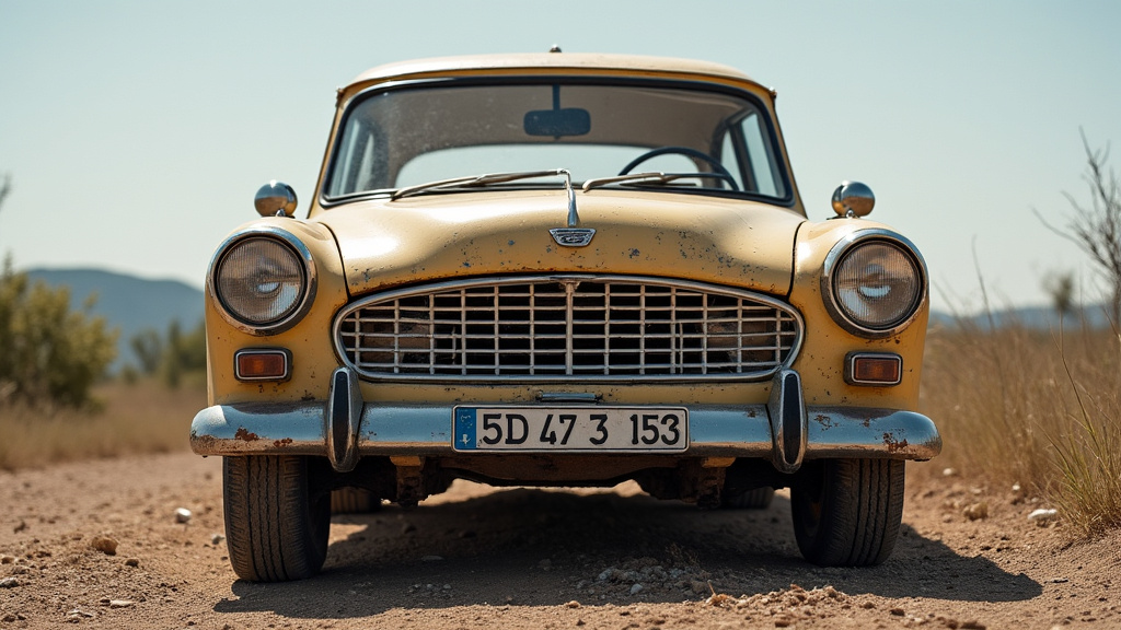 Une épave de véhicule ancien et rouillé, stationnée sur un terrain vague, attendant d