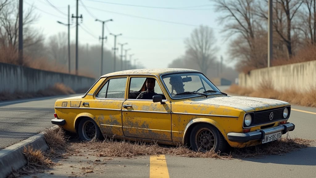 Une épave de voiture abandonnée au bord d