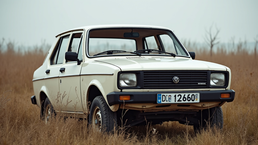 Une épave de voiture abandonnée dans un champ, soulignant l