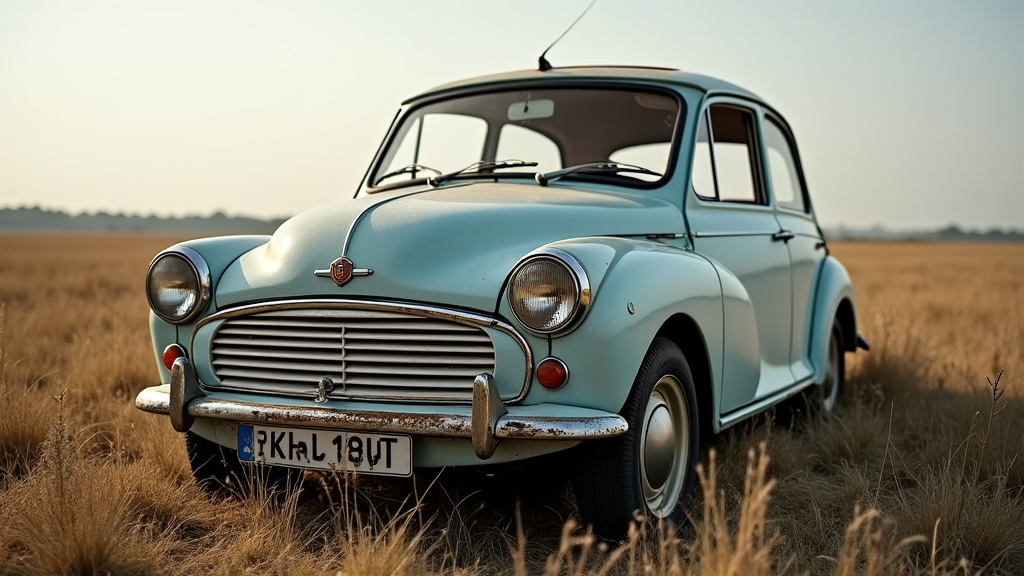 Une épave de voiture abandonnée et rouillée dans un champ verdoyant, avec de l