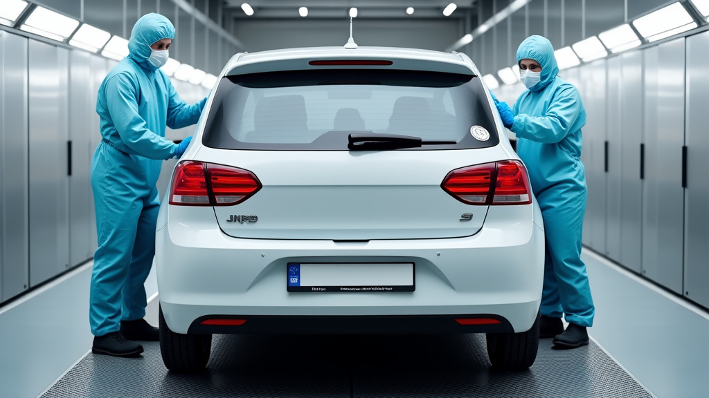 Une épave de voiture en cours de dépollution dans un centre de traitement agréé. Des techniciens en tenue de protection s