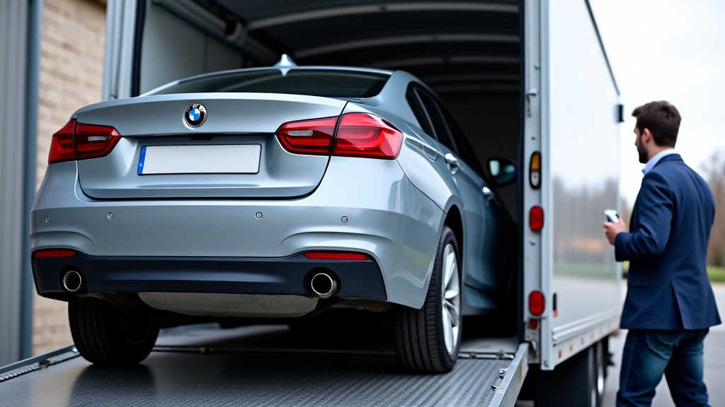 Une épave de voiture grise en cours de chargement sur un camion de dépannage, avec l