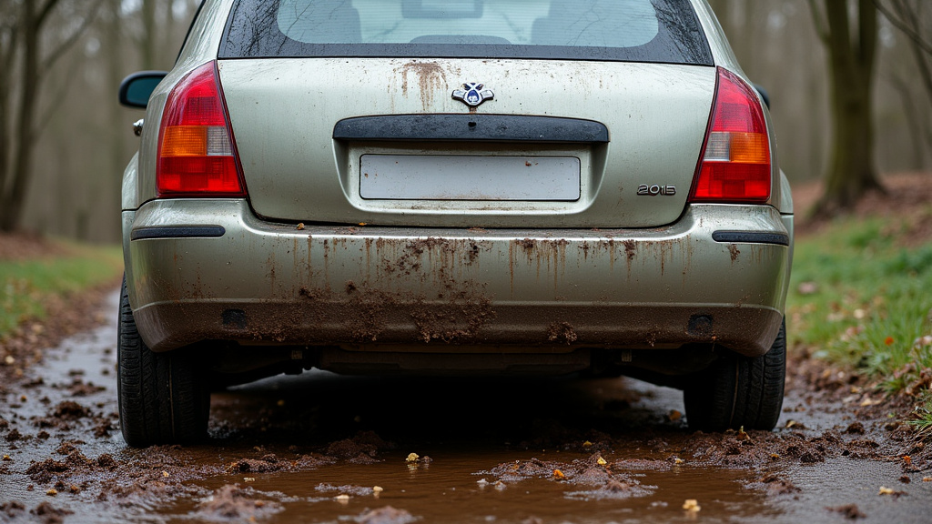Une épave de voiture rouillée abandonnée dans la nature, avec des flaques de liquide sous le véhicule, symbolisant la pollution environnementale et les dangers liés aux substances toxiques.