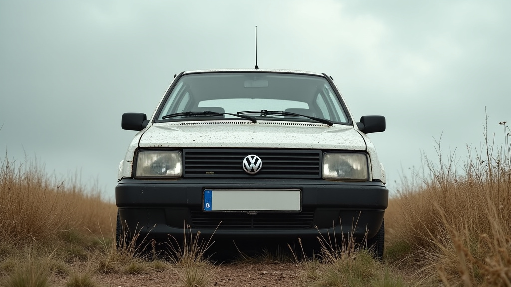 Une épave de voiture rouillée abandonnée dans un champ à Bachant, sous un ciel nuageux, illustrant le besoin d
