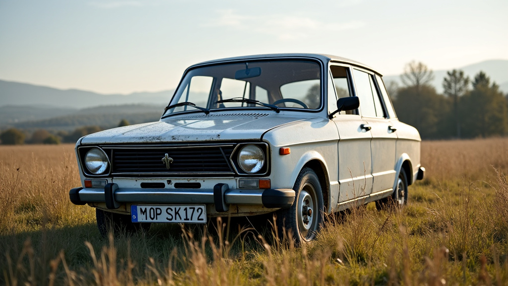 Une épave de voiture rouillée abandonnée dans un champ à la campagne près de Morgny-en-Thiérache, illustrant un véhicule hors d