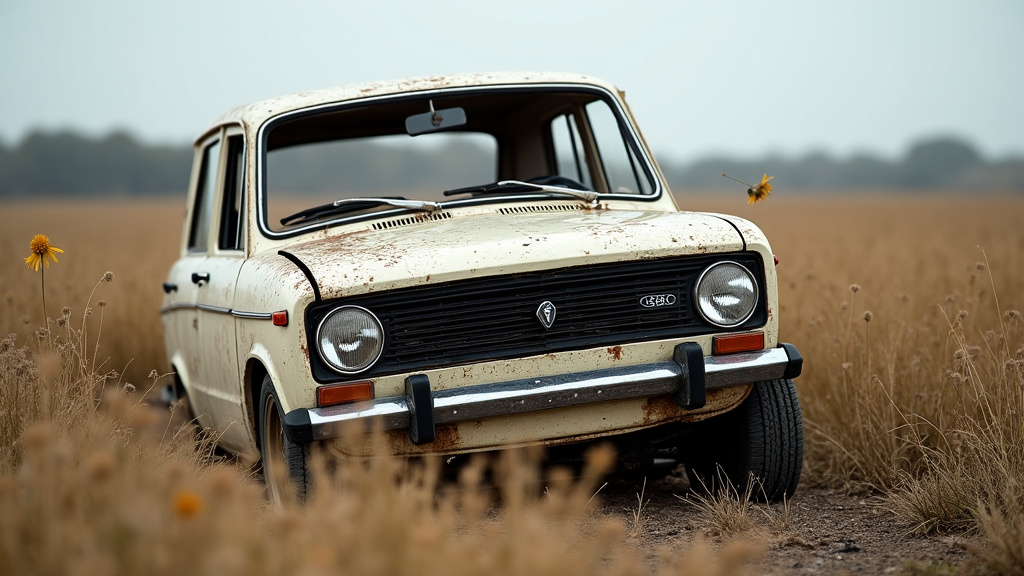 Une épave de voiture rouillée abandonnée dans un champ, illustrant les risques environnementaux et légaux associés à l