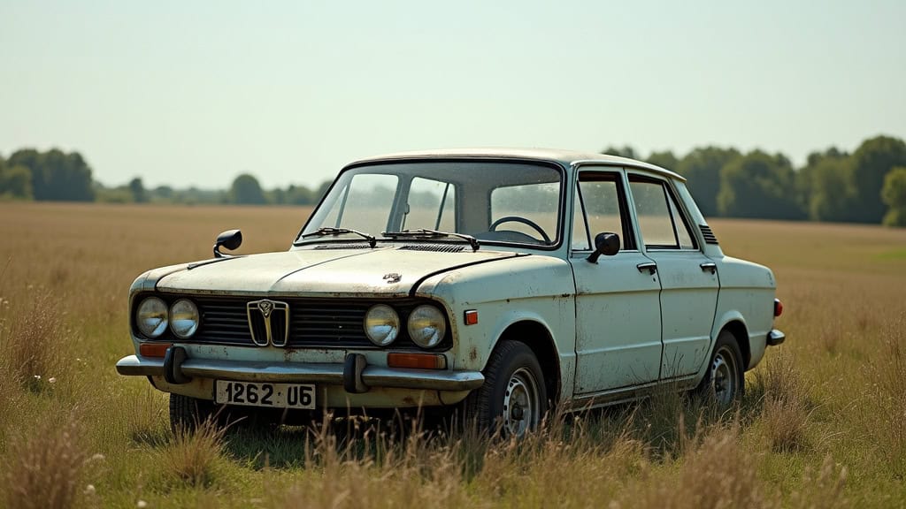 Une épave de voiture rouillée, abandonnée dans un champ près de Cerseuil, symbolisant la nécessité de l