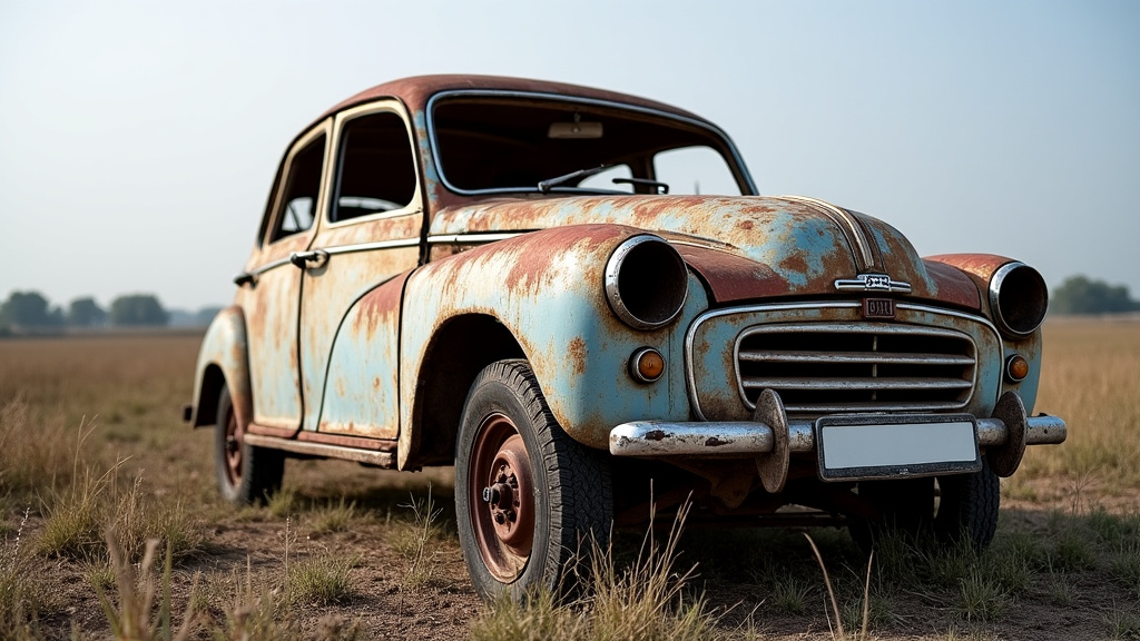 Une épave de voiture rouillée abandonnée dans un champ près de Chierry, symbolisant la pollution environnementale et les dangers qu