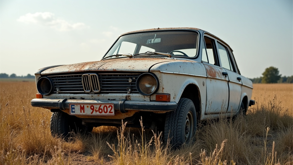 Une épave de voiture rouillée abandonnée dans un champ, symbolisant la pollution environnementale et la négligence.
