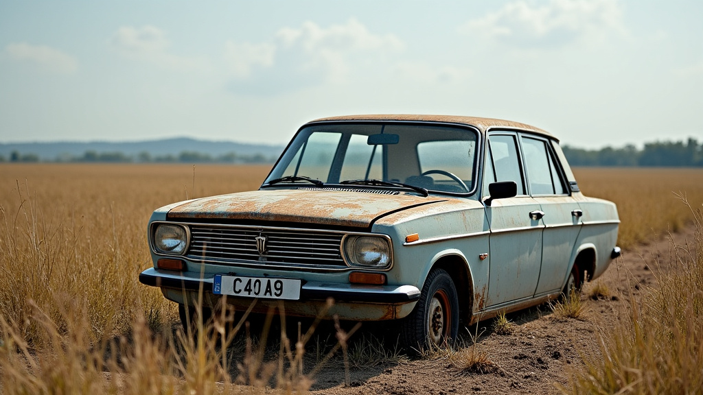 Une épave de voiture rouillée abandonnée dans un champ, symbolisant la pollution environnementale et le besoin d