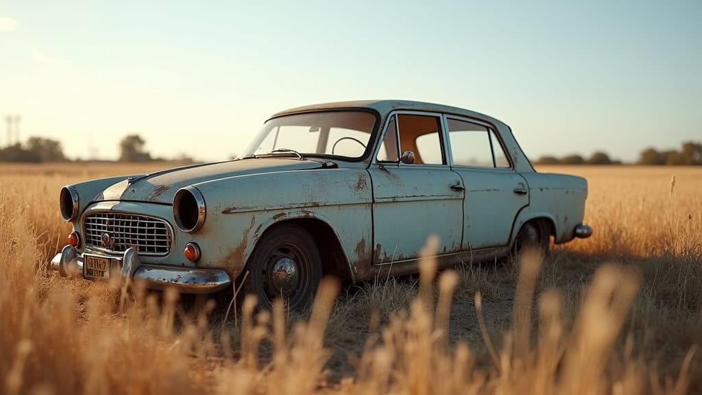 Voiture ancienne et abandonnée dans champ de blé doré, ambiance rustique et nostalgie.