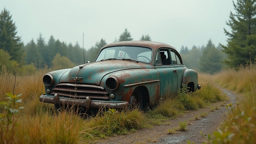Une épave de voiture rouillée abandonnée sur un terrain herbeux à l
