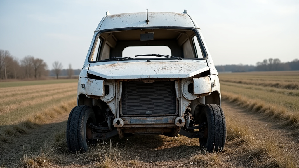 Une épave de voiture rouillée et abandonnée, avec des pneus à plat, dans un champ à la périphérie de Bucy-lès-Cerny. L