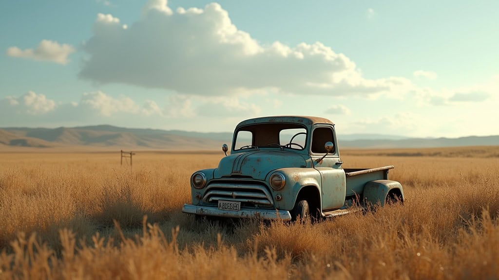 Une épave de voiture rouillée et abandonnée dans un champ, avec de l