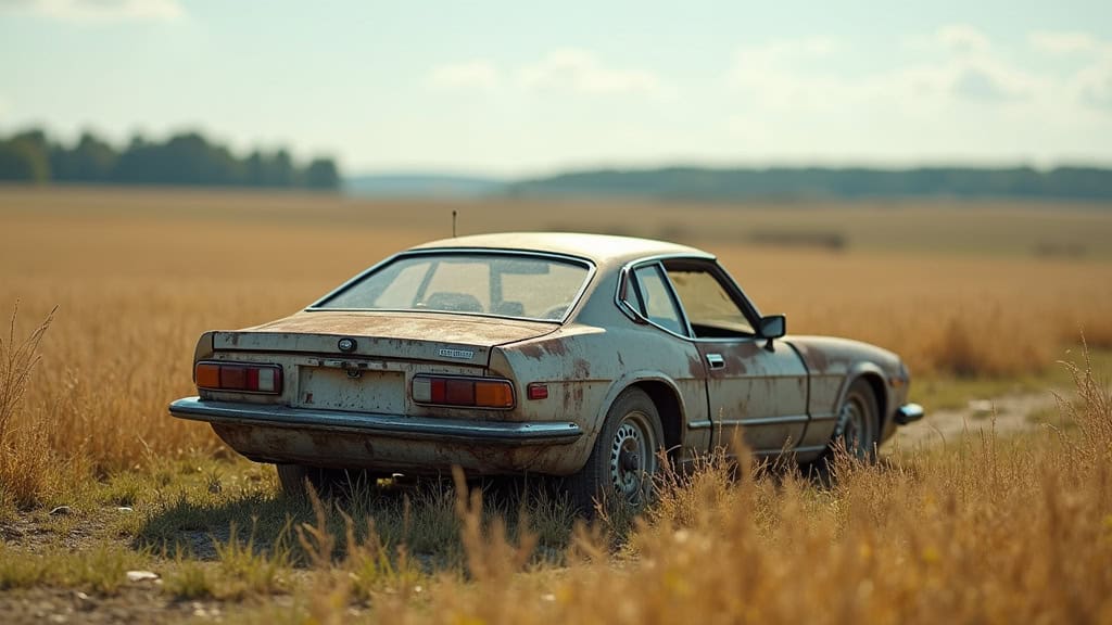 Une épave de voiture rouillée et abandonnée dans un champ, avec des flaques d