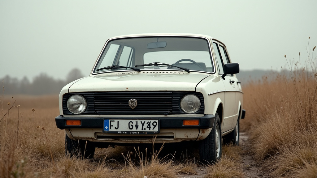 Une épave de voiture rouillée et abandonnée dans un champ près d
