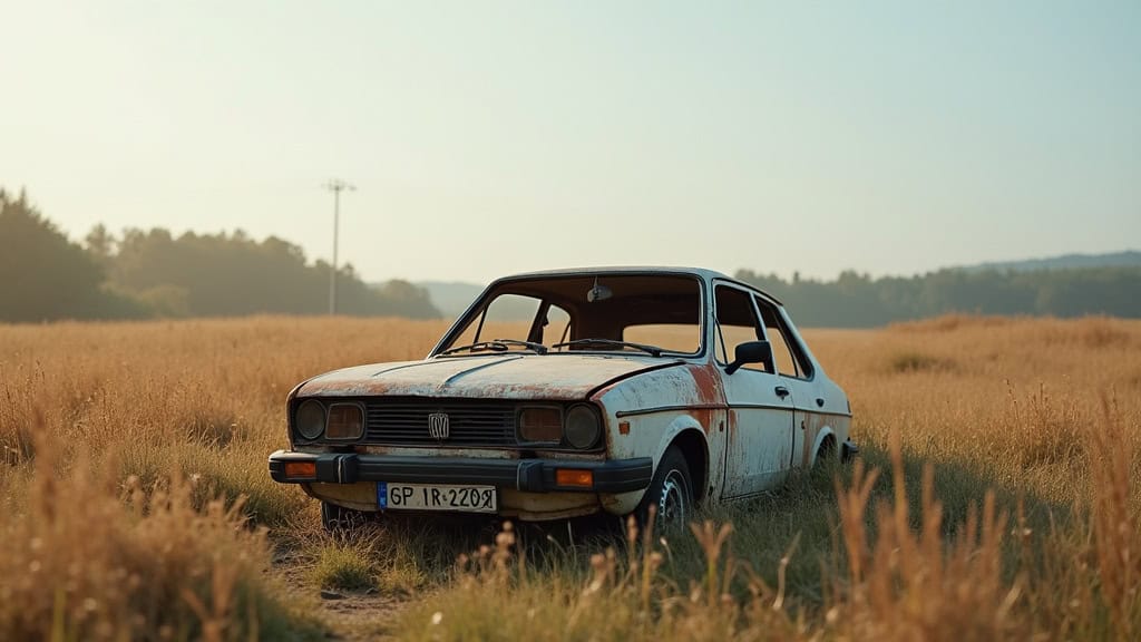Une épave de voiture rouillée et abandonnée dans un champ près de Bouffignereux, symbolisant le besoin d