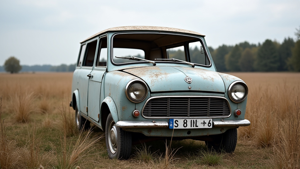 Une épave de voiture rouillée et abandonnée dans un champ près de Lehaucourt, symbolisant les risques environnementaux et les dangers qu
