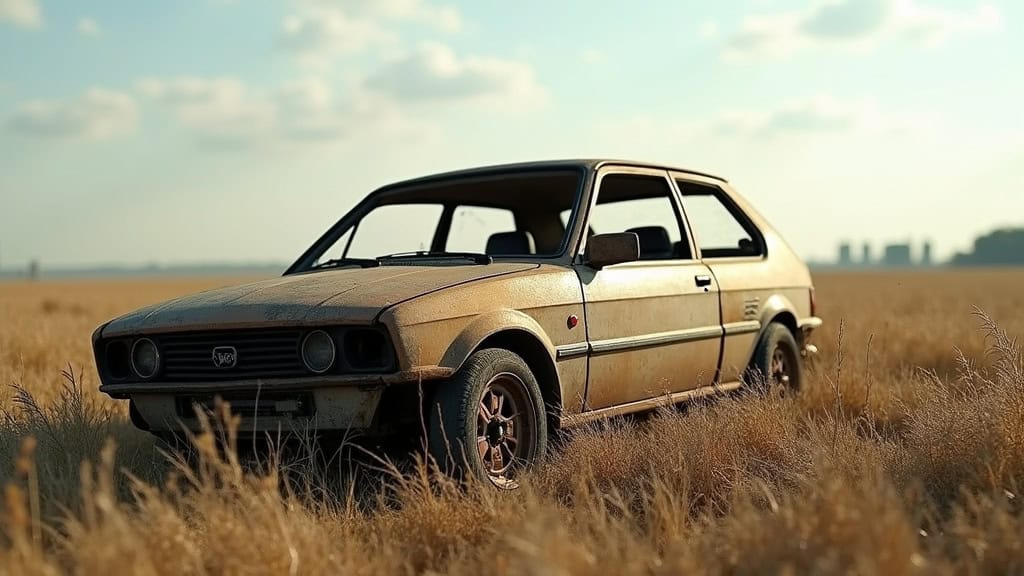 Voiture ancienne abandonnée en champs, service enlèvement épave auto, déchets véhicules.