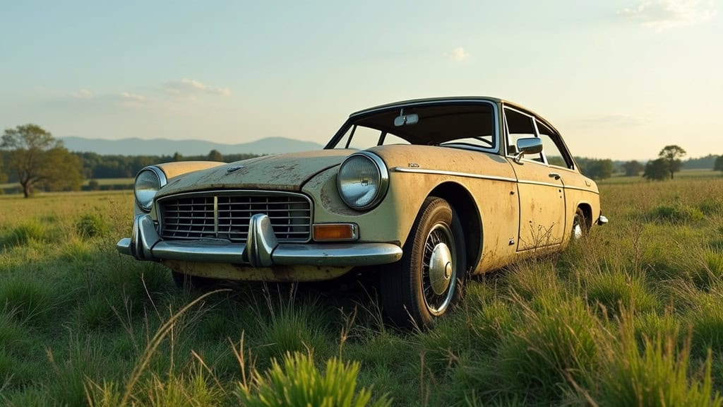Ancienne voiture vintage abandonnée dans un champ, idéale pour épaviste Nord, démontage, casse auto, dépollution.