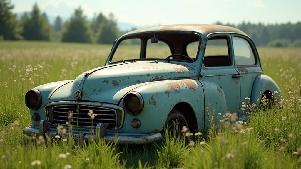 Voiture vintage rouillée dans un champ vert, symbole de véhicule abandonné et délabré.