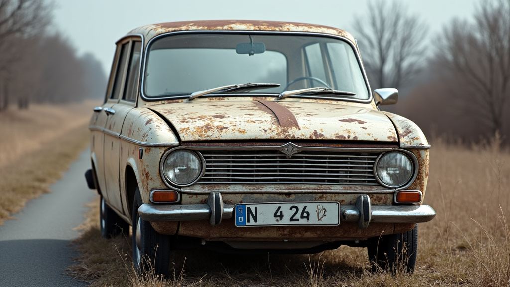 Une épave de voiture rouillée et dégradée, abandonnée au bord d