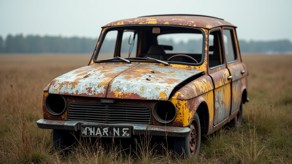 Une épave de voiture rouillée et délabrée, abandonnée dans un champ, symbolisant la pollution environnementale et les risques de sécurité.