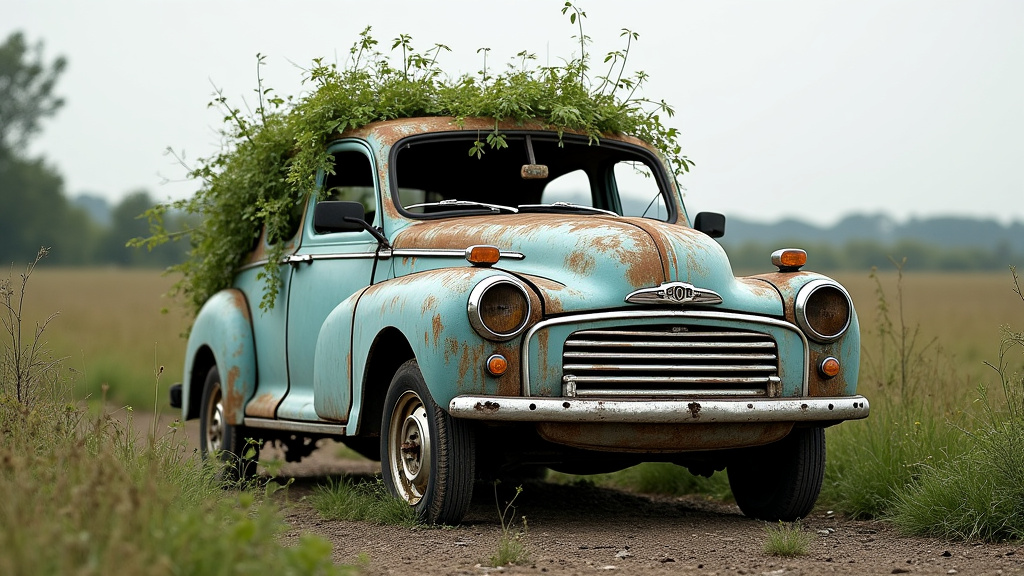 Une épave de voiture rouillée et recouverte de végétation, abandonnée dans un champ, symbolisant la pollution visuelle et environnementale.