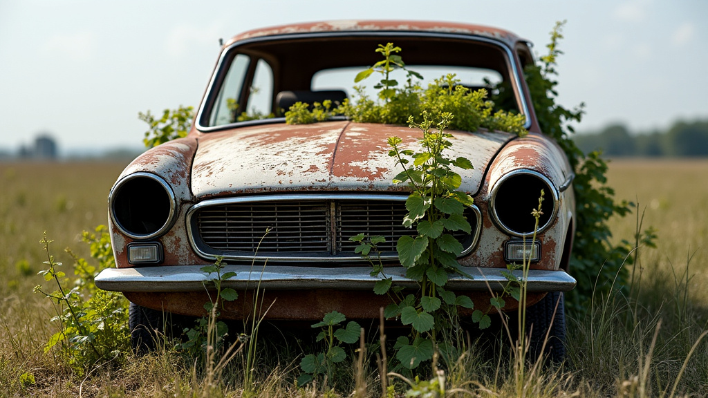 Une épave de voiture rouillée, recouverte de végétation, abandonnée dans un champ près de Bavay, symbolisant le besoin d