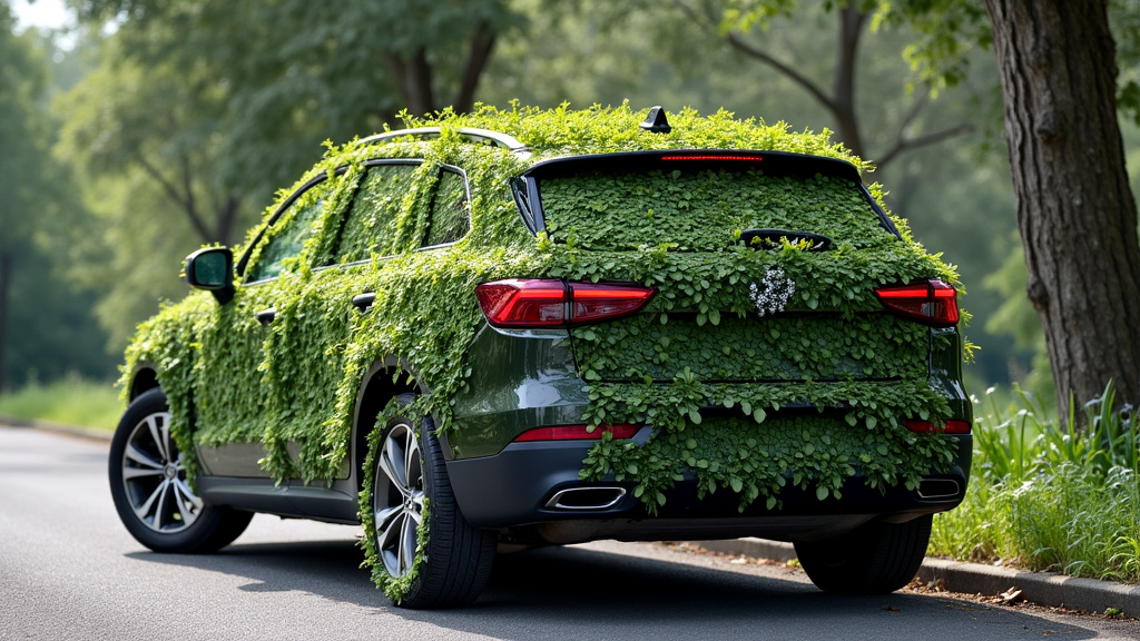Une épave de voiture rouillée, recouverte de végétation, symbolisant un véhicule hors d