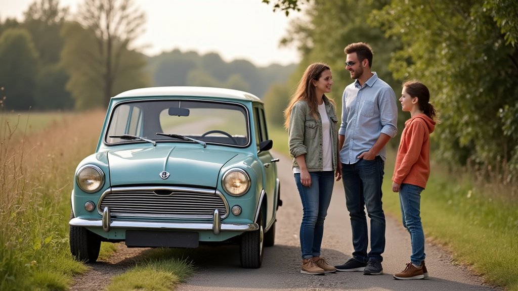 Une famille discutant devant une vieille voiture, symbolisant la décision de faire enlever une épave et les bénéfices de cette démarche pour leur environnement et leur tranquillité d