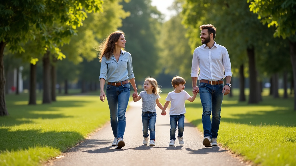 Une famille marche dans un parc propre et verdoyant, symbolisant les bénéfices d