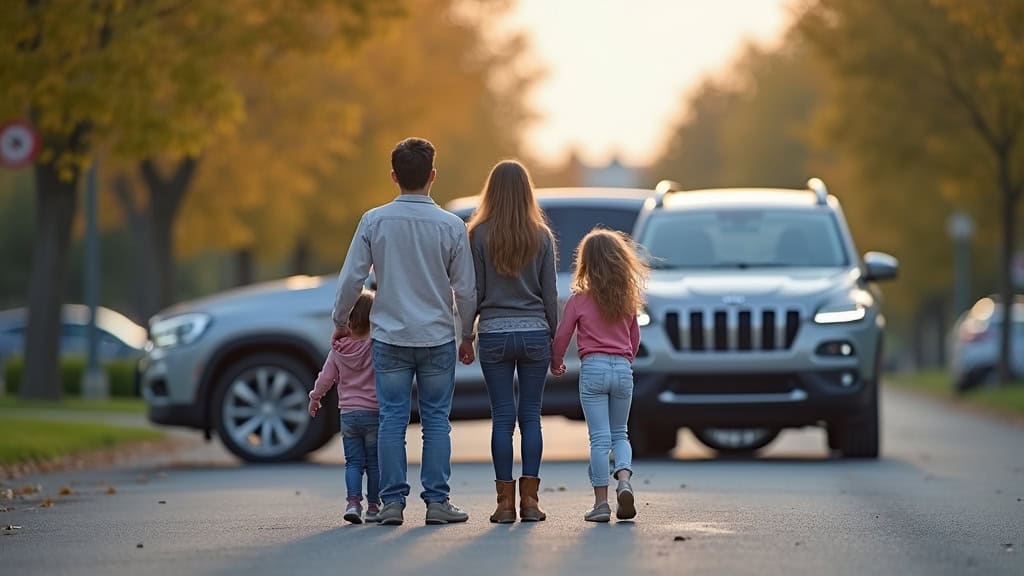 Une famille regarde avec soulagement une épave de voiture être enlevée, représentant la fin des tracas liés à un véhicule hors d