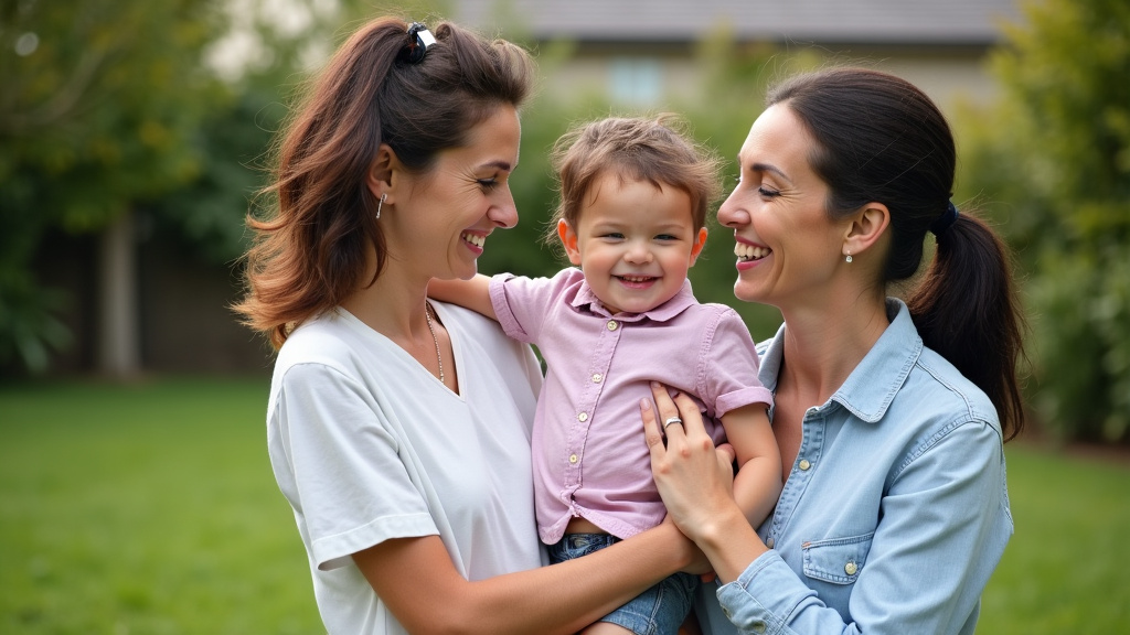 Une famille souriante dans leur jardin propre et rangé, après le départ de l