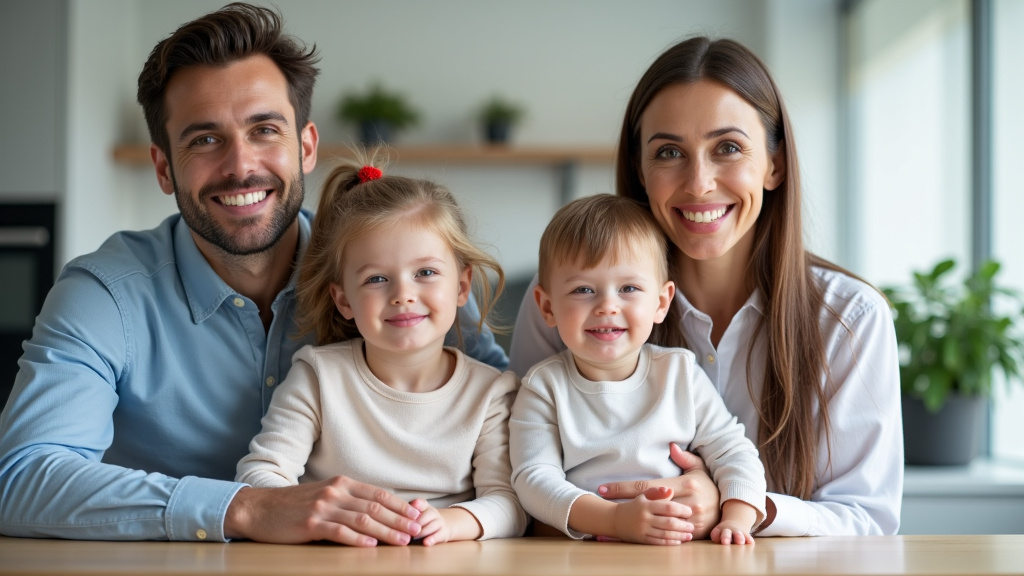 Une famille souriante observe l