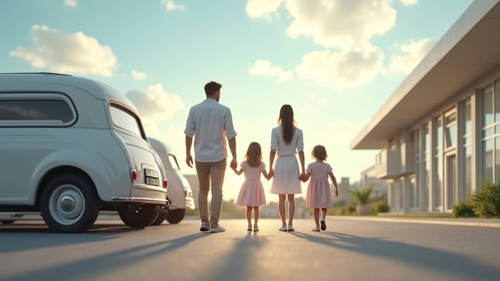 Une famille souriante observe une zone dégagée où se trouvait auparavant une épave de voiture, le tout sous un ciel ensoleillé, symbolisant le soulagement et l
