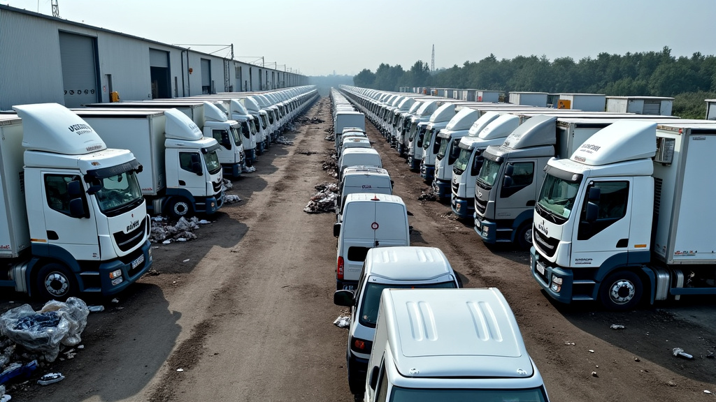 Une grande zone de recyclage de véhicules avec des tas de carcasses métalliques et des équipements de traitement, symbolisant le processus de valorisation des épaves.
