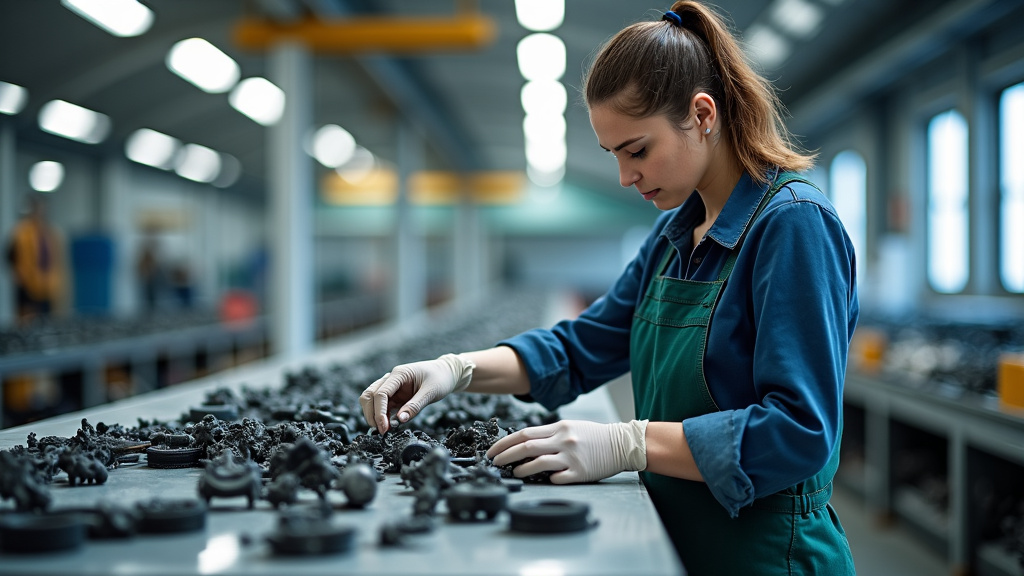 Une grue manipulant des pièces de voitures recyclées dans un centre de traitement VHU, illustrant le processus de dépollution et de valorisation des matériaux.