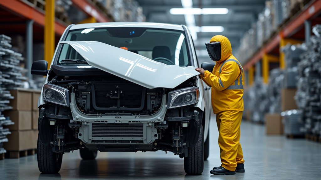 Une grue manipulant une épave de voiture dans un centre de recyclage, avec des piles de métal en arrière-plan et un environnement propre.