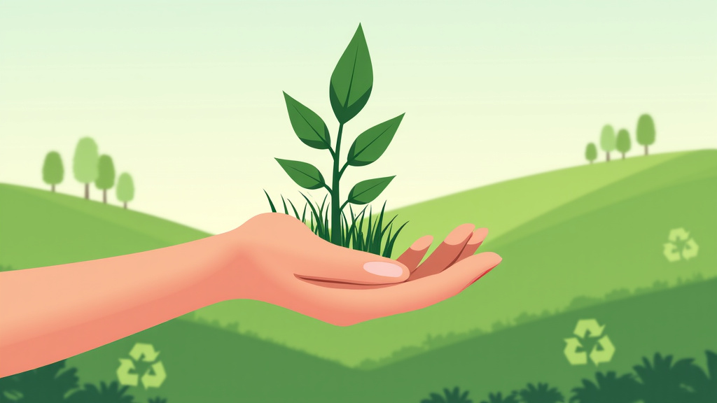 Une illustration graphique montrant une main protégeant une feuille verte, avec un fond de paysage verdoyant et des symboles de recyclage, représentant l